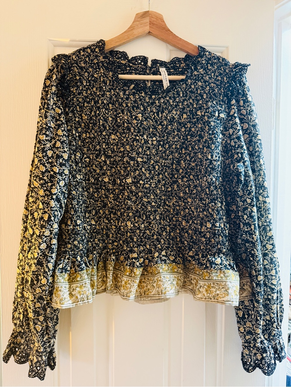 American Eagle Outfitters Black Blouse with Yellow Floral Border